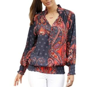 LASCANA Paisley Print Smocked Mock Neck Long Sleeve Blouse Women 12